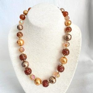 💎Vintage Opera Necklace Made In Hong Kong Glittery Brown & Golden Beads